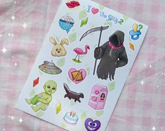 May include: A sheet of stickers with a variety of images, including a Grim Reaper, a flamingo, a baby, a milk carton, a birthday cake, a UFO, a rabbit, a heart, and a diamond. The text "I ♥ The Sims 2" is at the top of the sheet.