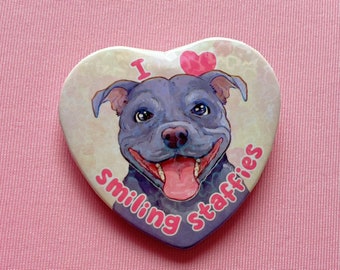 Heart-Shaped Smiling Staffie Holographic Button Badge Staffordshire Bull Terrier