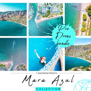 May include: A collage of seven Lightroom presets for drone photography, showcasing vibrant blue water, a swimming pool, and aerial views of a coastal town. The presets are called "Mara Azul Collection" and are part of a "Pro Drone Bundle".