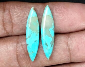 May include: Two turquoise-colored, elongated gemstones with a teardrop shape. The stones have a mix of light blue and brown hues, with a polished surface. The gemstones are likely for jewelry making or collecting.