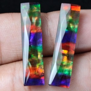 Briolette Ammolite Doublet Pair: Long Rectangle Checker Cut Cabochons