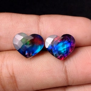 Ammolite Heart Gemstone Pair: Checker Cut Cabochons, 11x13mm