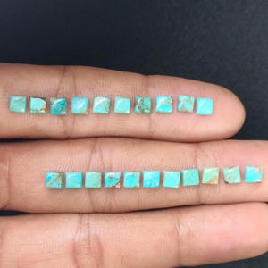 May include: A collection of 20 square turquoise gemstones, each with a unique pattern of blue and brown. The stones are arranged in two rows of ten, and are displayed on a hand.