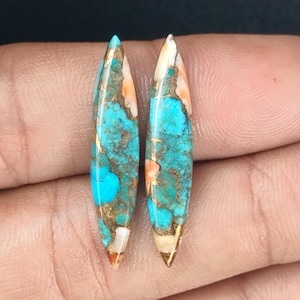 Genuine Spiny Oyster Copper Turquoise Smooth Marquise Shape Cabochon Matched Pair, Loose Gemstone, Flat Back Perfect For Earrings Making