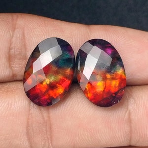 Ammolite Doublet Pair: Coffin Step Cut Gemstone Cabochons (13x21mm)
