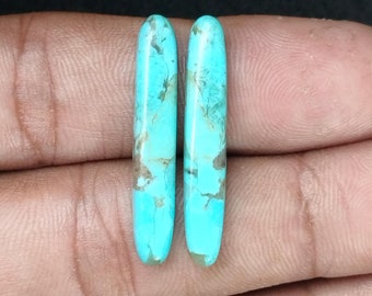 May include: Two turquoise cabochons with a long, slender, oval shape. The stones have a mottled pattern of light and dark blue.