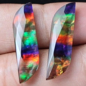 Ammolite Doublet Gemstone Pair: Checker Cut Fancy Cabochons