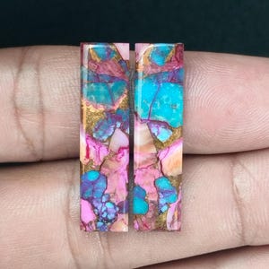 Pink Copper Turquoise Cabochon Pair: Long Rectangle Gemstones, 8x30mm