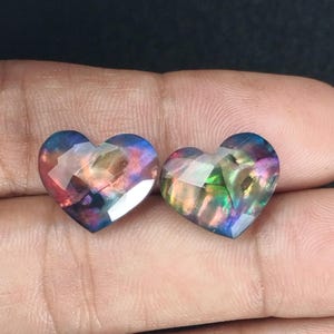 Ammolite Doublet Heart Briolette Gemstone Cabochons: Checker Cut, 12x14mm, 2 Pcs