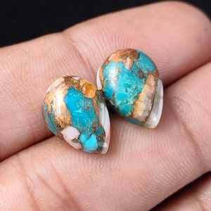 Spiny Oyster Copper Turquoise Cabochons: Pear Gemstone Pair (11x15mm)