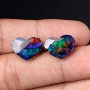 Ammolite Doublet Heart Briolette: Checker Cut Gemstone Cabochons, 11 x 15 MM (2 Pcs)