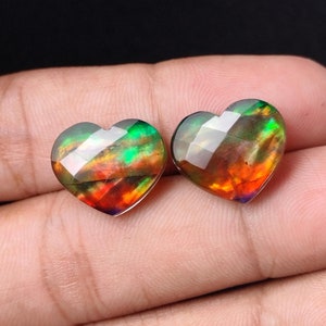 Ammolite Gemstone Cabochon Doublet Heart Shape Checker Cut Both Side 12 x 16 MM For Jewelry Supplies 2 Pcs Matched Pair