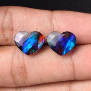 Heart Ammolite Gemstone Pair: Checker Cut Cabochons (11x13 mm)