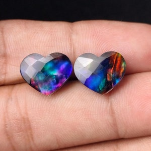 Ammolite Gemstone Heart Pair: Checker Cut Doublet, 11x13 mm