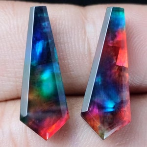 Ammolite Doublet Gemstone Briolettes: Fancy Step Cut, Jewelry Making Pair (8x23 mm)