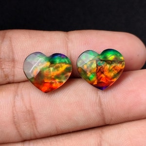 Heart Ammolite Doublet Gemstone Pair: Checker Cut, 12x15mm