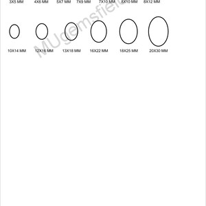 May include: A size chart with different circle sizes in millimeters. The chart shows the size of the circles in millimeters, ranging from 3x5 mm to 20x30 mm. The text "SIZE PREFRENCE ONLY" is at the bottom of the chart.
