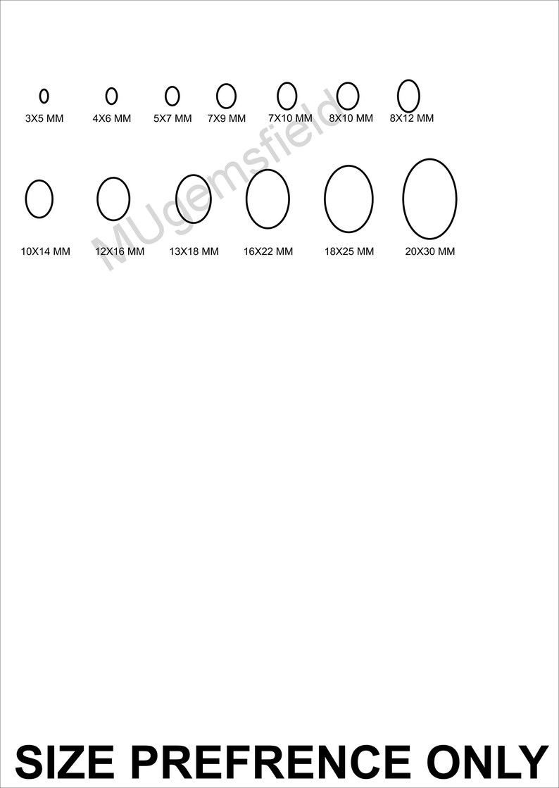 May include: A size chart with different circle sizes in millimeters. The chart shows the size of the circles in millimeters, ranging from 3x5 mm to 20x30 mm. The text "SIZE PREFRENCE ONLY" is at the bottom of the chart.