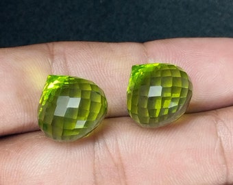 Handcrafted Peridot Quartz 12 x 12 MM Checkerboard Onion Shape Drops, Loose Gemstone semiprecious stones 2 Matched Pair