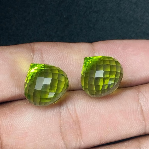 Handcrafted Peridot Quartz 15 x 15 MM Checkerboard Onion Shape Drops, Loose Gemstone semiprecious stones 2 Matched Pair