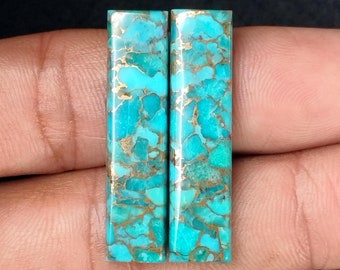 Blue Copper Turquoise Long Rectangle Cabochon Pair, Calibrated Loose semi-precious Gemstones, Flat Back, aaa Quality For Jewelry Making