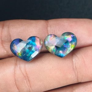 Heart Ammolite Doublet Cabochons: Checker Cut Jewelry Making (11 x 16 MM)