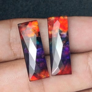 Long Rectangle Ammolite Doublet Cabochons: Checker Cut Briolette Pair