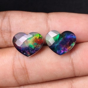 Heart Ammolite Doublet Cabochons: Checker Cut Gemstone Pair, 11x15mm