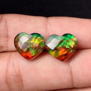 Heart Ammolite Gemstone Pair: Checker Cut Briolette (12x14mm)
