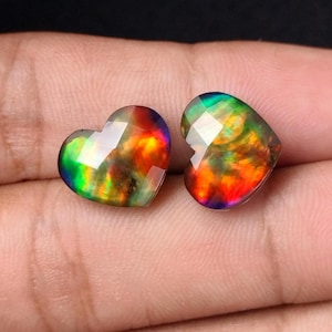 Ammolite Doublet Stone: 11x14mm Heart Briolette Cabochon Pair