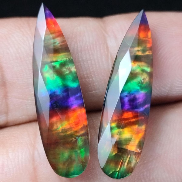 Ammolite Stone Pear Shape Briolette Matched Pair For Earring,Jewelry Making Loose Gemstone Cabochon Ammolite Doublet 2 Beads Set