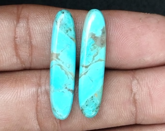 May include: Two oval-shaped turquoise cabochons with a light blue and white marbled pattern. The stones are approximately 1 inch long and 1/2 inch wide.