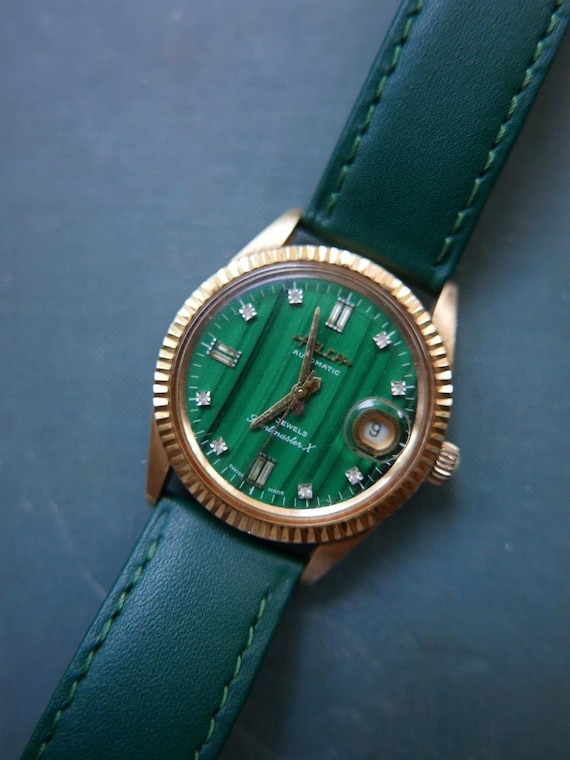 Vintage Felca SportMaster Watch: Swiss Made Malachite Dial, Green Leather  Strap