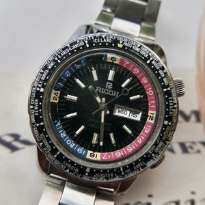 Ricoh Automatic World Time Vintage Watch. Tag Heuer Seiko Tissot Gift Ideas Omega Rolex Citizen Birthday Anniversary Casio Seiko Love  Retro