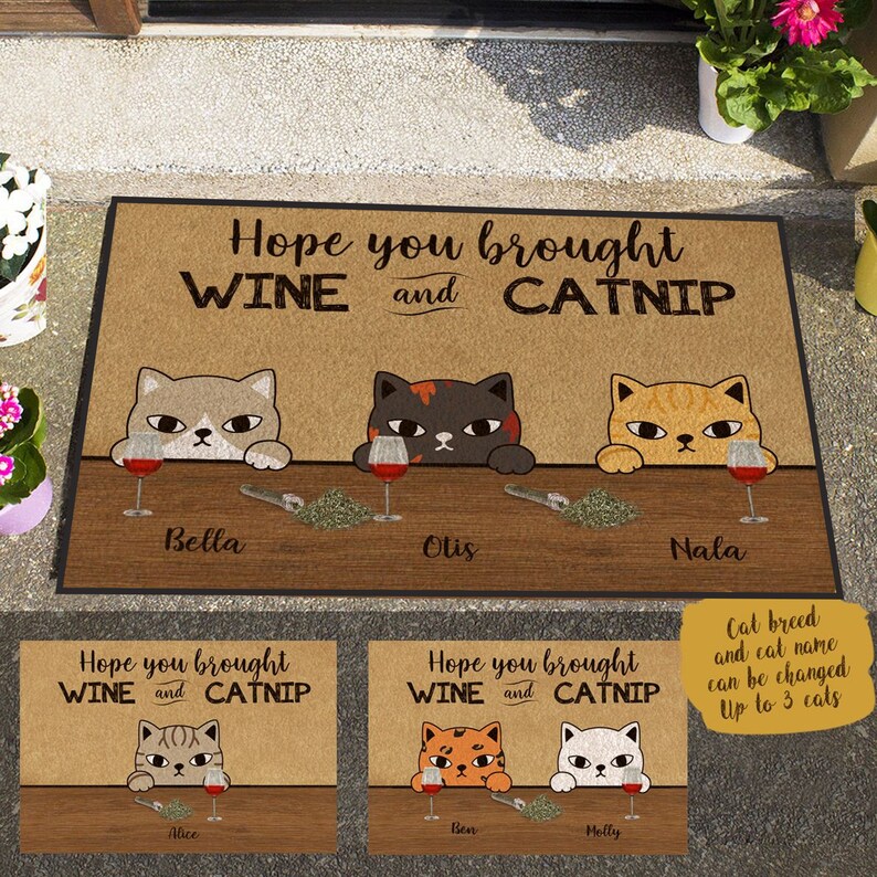 Personalized Cat Doormat Customized Hope You Brought Wine