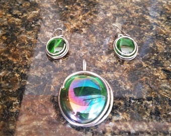 Mid-Century Modern Pendant and earrings Artisan glass and sterling silver pendant with earrings vintage jewelry set 60s jewelry