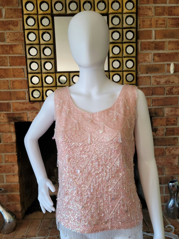 Pink Sequin Tank Top/Vintage/Vintage sequin top/sl