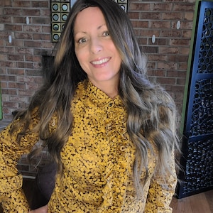 Vintage ruffle dress shirt, brown/yellow circles, New York and Company, long sleeve, size S, mod, hippie, retro, vintage fashion, 1990s