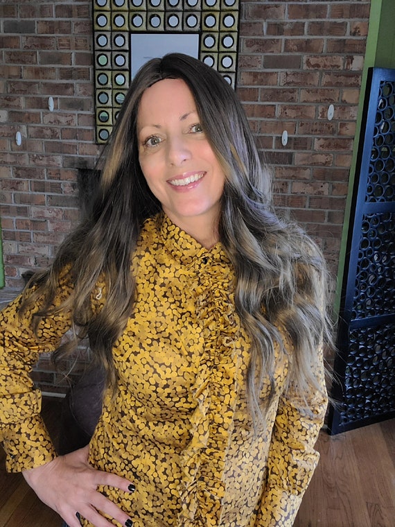 Vintage ruffle dress shirt, brown/yellow circles, New York and Company, long sleeve, size S, mod, hippie, retro, Vintage fashion, 1990s