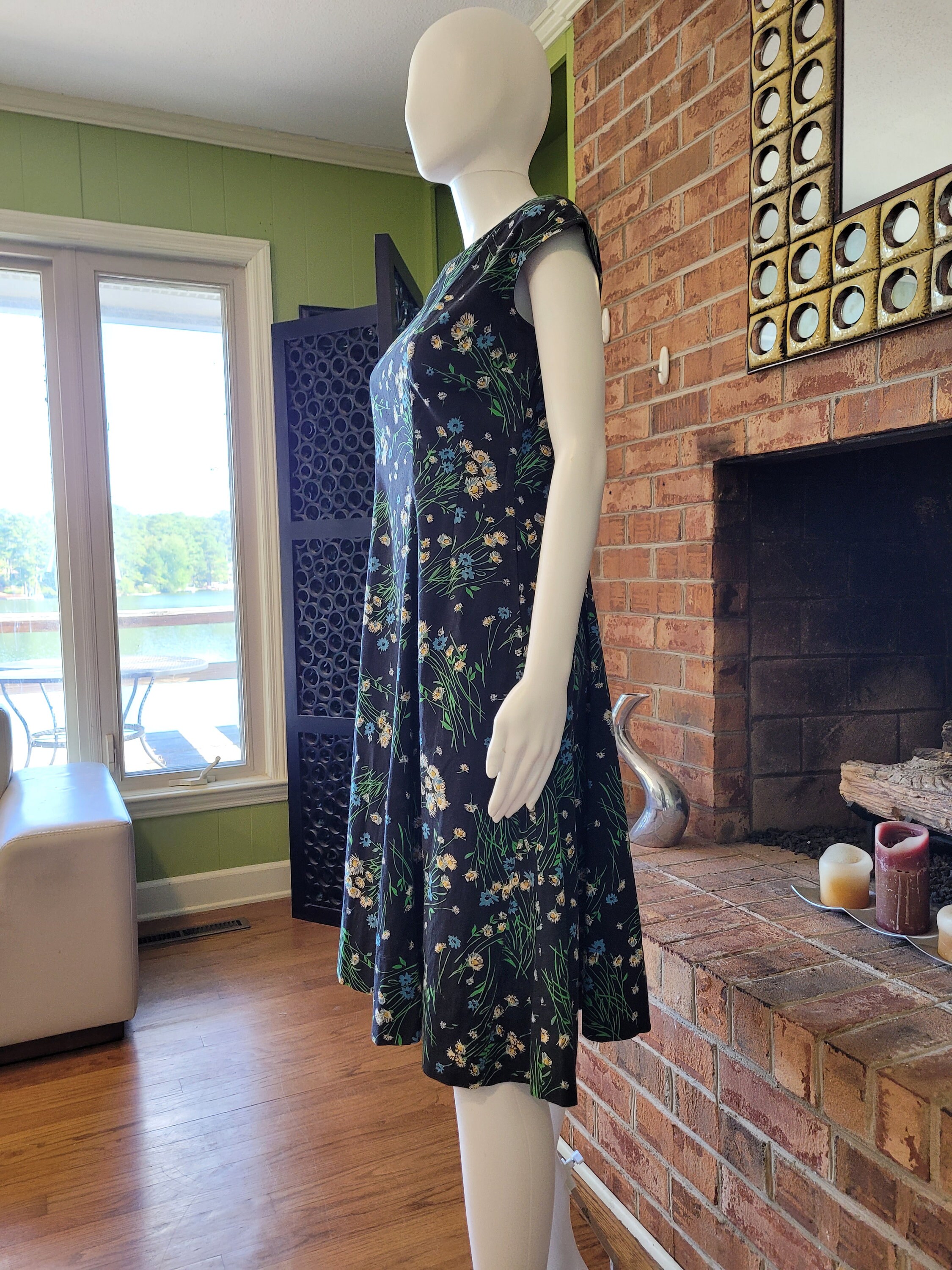 50s floral print flare combo dress Vintage 1950s Black & Yellow Floral Fit & Flare Dress