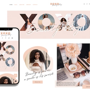 May include: A website layout for XOXO Beauty Blog featuring a pale pink color scheme, a mobile phone mockup, and a header with the text XOXO Beauty Blog. The design includes circular photo cutouts, a portrait of a person, and a desk workspace.