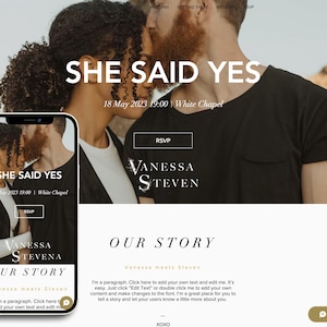 May include: A digital website template featuring a mobile phone display showing a wedding invitation with the text SHE SAID YES, 18 May 2023 19:00 | White Chapel, RSVP, and the names VANESSA STEVEN, alongside a desktop view with OUR STORY text.