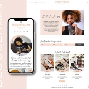 May include: A website template design titled Shades of Blush featuring a mobile phone mockup displaying a blog layout, a header with navigation, a profile section with text, a subscription form, and three service categories for skin care, shopping, and makeup.