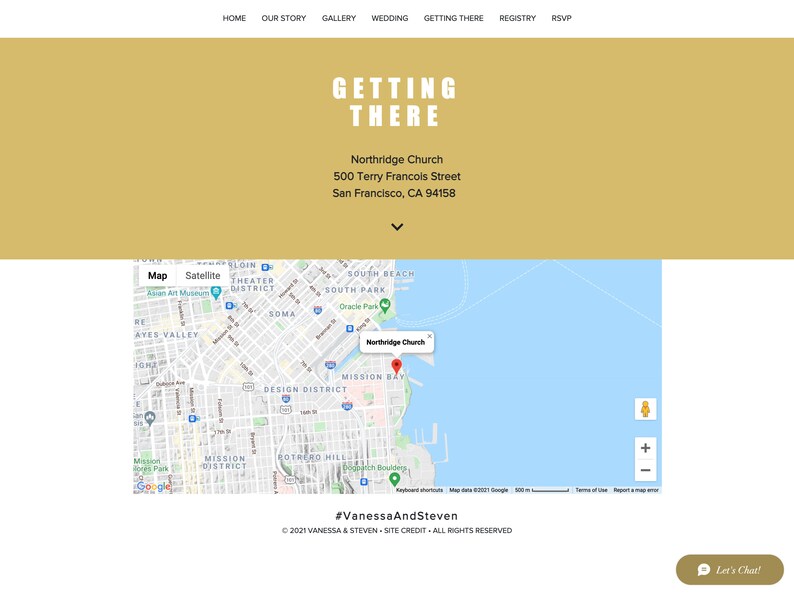 May include: A wedding website page titled Getting There with a gold header, navigation menu, and address for Northridge Church at 500 Terry Francols Street, San Francisco, CA 94158. Below is an interactive Google map showing the location pin.