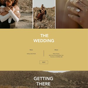 May include: A digital wedding invitation website template featuring a hero section with a couple, text reading SHE SAID YES, 18 May 2023 19:00, White Chapel, and VANESSA STEVEN. Includes sections for Our Story, The Wedding, Getting There, and Registry.