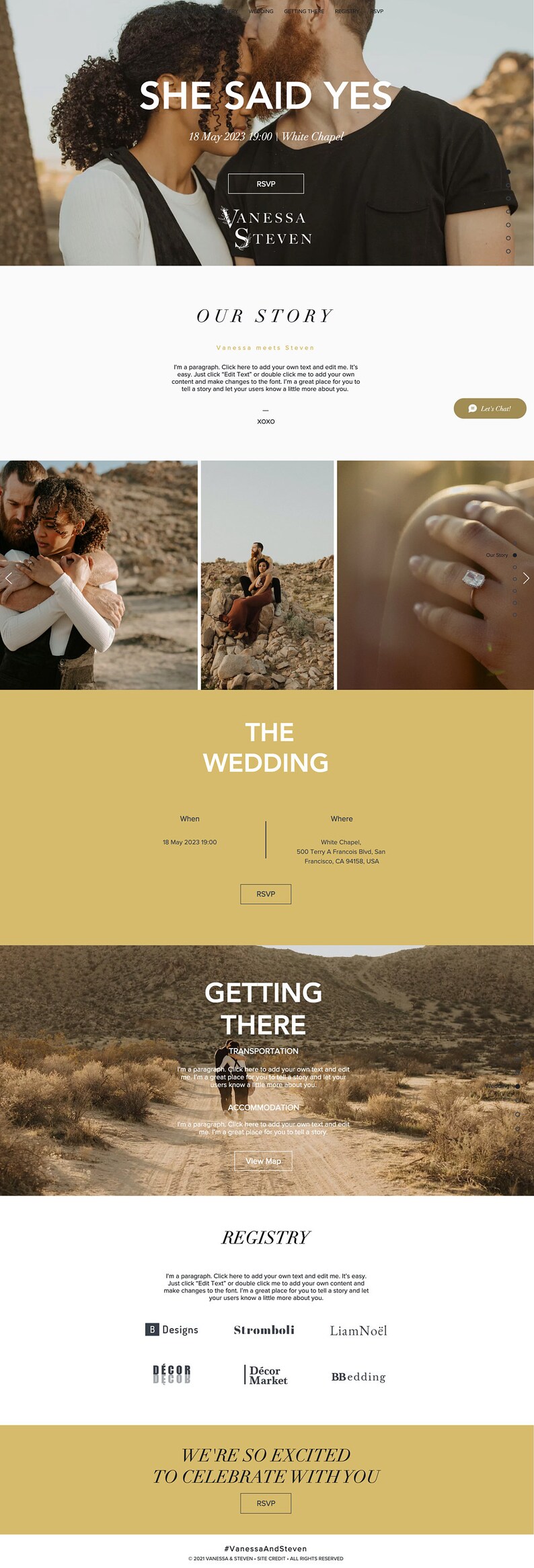 May include: A digital wedding invitation website template featuring a hero section with a couple, text reading SHE SAID YES, 18 May 2023 19:00, White Chapel, and VANESSA STEVEN. Includes sections for Our Story, The Wedding, Getting There, and Registry.
