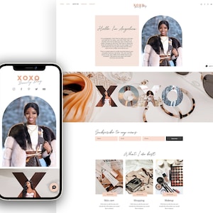 May include: A website layout for XOXO Beauty Blog displayed on a desktop screen and a mobile phone. The design features a header with the text XOXO Beauty Blog, images of a person, a subscription form, and sections for skin care, shopping, and makeup.