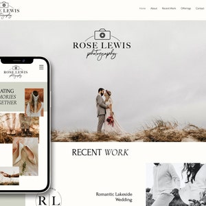 May include: A website interface for Rose Lewis Photography displayed on a smartphone and desktop screen, featuring a logo with a camera icon, navigation menu, and multiple photographs of couples in wedding attire in outdoor settings.