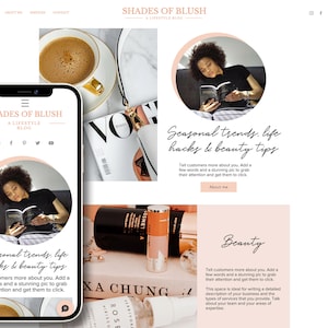 May include: A website layout for a lifestyle blog titled Shades of Blush, featuring a mobile phone mockup displaying the site, a circular photo of a person reading a book, a coffee cup, a magazine, and various beauty products on a desk.