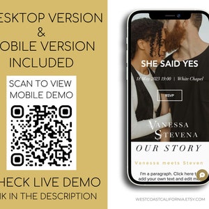 May include: A digital wedding invitation template displayed on a smartphone screen featuring a couple, the text SHE SAID YES, 18 May 2023 19:00, White Chapel, RSVP, VANESSA STEVENA, OUR STORY, and a QR code for a mobile demo on a gold background.
